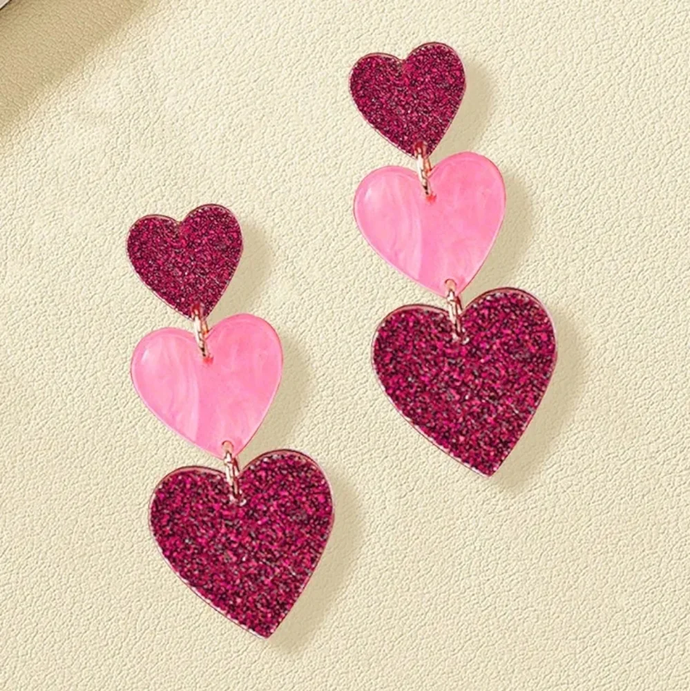 ⛱️Triple Heart Dangle Earrings Colored Sparkle Hearts Love - Picture 3 of 6